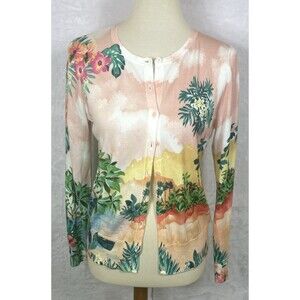 Talbots Petite Cardigan Sweater Tropical Floral Palm Trees Multicolor Size MP